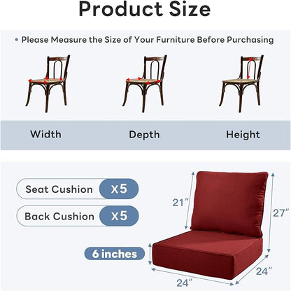 6" Thicker Outdoor Chair Cushion 5 Sets - 24" *24" *6" Waterproof Patio Furniture Cushions with Removable Cover, 28D High Density Sponge Filling Thicken Outdoor Patio Cushions - Red