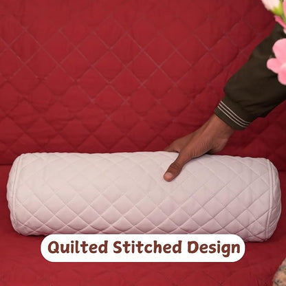 Neck Roll Pillow Cushion Cover, 16x6 Inch Full Moon Round Bolster Pillow Case, Cylinder Soft Lambskin Leather Pillowcase for Head, Spine & Neck Support During Sleep - Quilted White Pack of 2