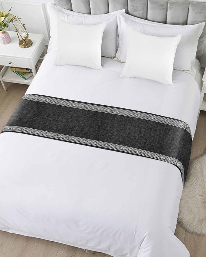 Greece Key Design Black White Bed Runners for Bedroom Hotel,Decorative Bedding Scarf Vintage Burlap Linen Bed End Blanket Bedding Runner Scarves for Twin Size Bed,71x20in