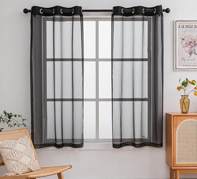 PI Black Sheer Curtains 45 inches Long with Grommet,Extra Short Sheer Window Treatment for Café/Bars 2 Panels (W52 X L45, Black)