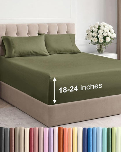 Extra Deep Pocket Cal King Sheets - 4 Piece Breathable & Cooling Bed Sheets - Hotel Luxury Sheet Set - Soft, Wrinkle Free & Comfy - Easily Fits Extra Deep Mattresses - Deep Pocket Sage Green Sheets