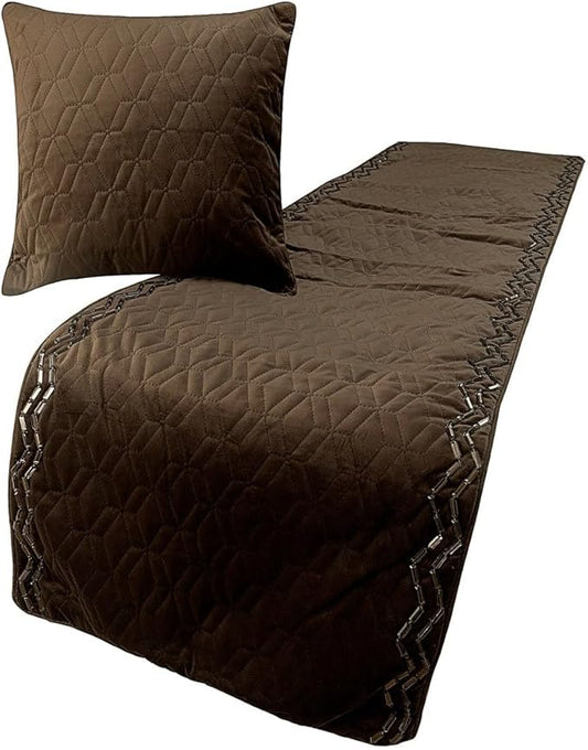 The HomeCentric King Queen Twin Brown Designer Queen 74"x18" Bed Runner with 2 Pillow Cover, Quilted & Crystals Bed Scarf on Velvet Fabric - Brown Diamond Symphony