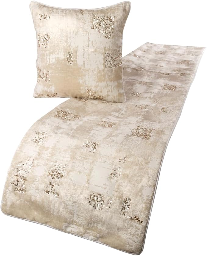The HomeCentric Ivory Bed Runner, Full Size 68"x18" Decorative Bed Runner with 2 Matching Pillow Cover, Ivory Velvet Bed Scarf in Foil Velvet with Sequin - Creative Grudge