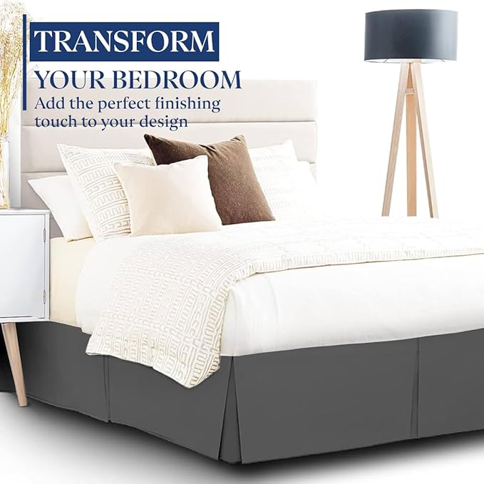 SKY BEDDINGS Luxury Pleated King Bed Skirt with Split Corners - 16 Inch Tailored Drop - Pleated Dust Ruffle - Wrinkle-Free 100% Microfiber - Easy Fit, Soft & Durable - Dark Grey