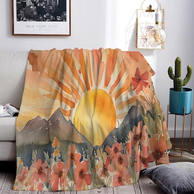 Burn Orange Boho Sunrise Sunset Sun Print Throw Blankets Pink Floral Flower Blanket Modern Abstract Throws Spring Blankets for Couch Boho Decorative Blanket for Sofa Bed Living Room 40"x50"