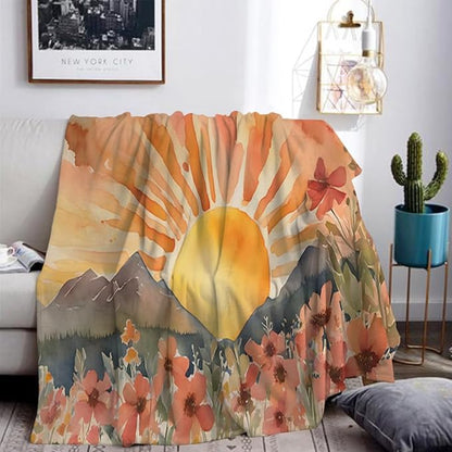 Burn Orange Boho Sunrise Sunset Sun Print Throw Blankets Pink Floral Flower Blanket Modern Abstract Throws Spring Blankets for Couch Boho Decorative Blanket for Sofa Bed Living Room 50"x60"