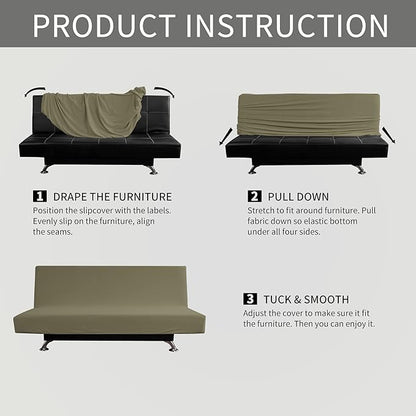 Easy-Going Stretch Futon Slipcover Armless Futon Bed Cover Furniture Protector Without Armrests with Elastic Bottom for Kids, Soft Jacquard Fabric Small Checks (Medium, Khaki)