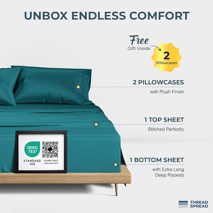 THREAD SPREAD 100% Egyptian Cotton Sheets Queen Size Bed Set - 4 PC 1500 Luxury High Thread Count Teal Egyptian Cotton Queen Bed Sheets, Silky Soft, Cooling, Sateen Weave, 17" Deep Pocket Bedsheet