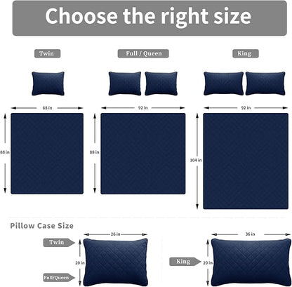 Easy-Going Twin Size Reversible Quilt Set with 1 Quilt and 1 Pillow Sham, Soft Bed Quilt Cover, Water Resistant Lightweight Microfiber Bedspread, Stain Resistant, Navy/Ivory