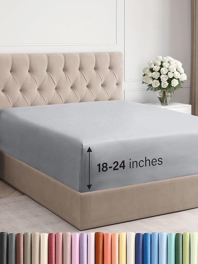 Extra Deep Queen Fitted Sheet - Hotel Luxury Single Fitted Sheet Only - Easily Fits 18 inch to 24 inch Mattress - Ultra Soft, Wrinkle & Fade Free w/Extra Deep Pocket - Breathable & Comfy - Steel Blue