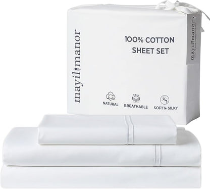 100% Natural Cotton Bed Sheets | 500 TC Single-Ply Sateen Weave Twin Sheets Set | Soft, Breathable, Hypoallergenic Solid 3-Piece Bedding with Deep Pocket Fitted, Flat, Pillowcase | White