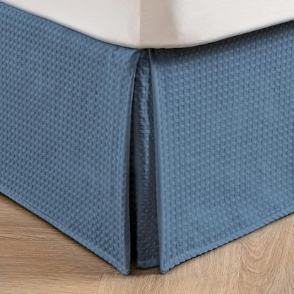 MIYE Pleated Waffle Weave Bed Skirt, Tailored Dust Ruffle 16 Inch Drop Easy Fit, Machine Washable (Blue, Queen - 16" Drop)
