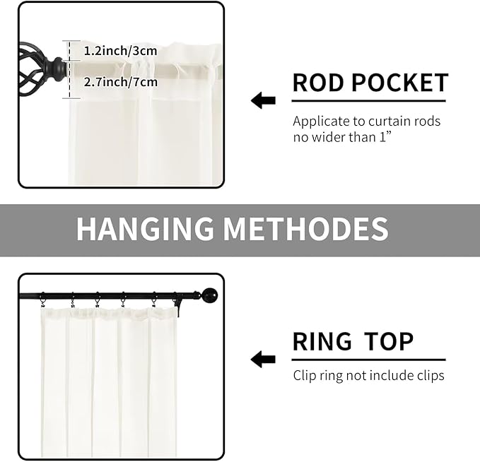 Sheer Curtains 54 Inches Long 2 Panels, Rod Pocket Short Curtain for Kitchen, Bedroom, Cafe Window(Ivory 38" W x 54" L)