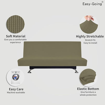 Easy-Going Stretch Futon Slipcover Armless Futon Bed Cover Furniture Protector Without Armrests with Elastic Bottom for Kids, Soft Jacquard Fabric Small Checks (Large, Khaki)