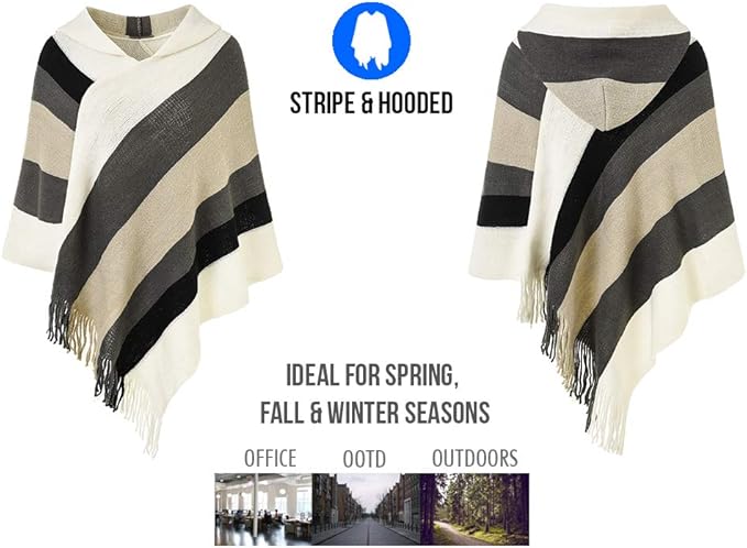 Ferand Women's Striped Poncho Sweater Cozy Knit Fringe Shawl Wraps for Fall Winter