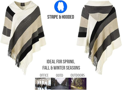 Ferand Women's Striped Poncho Sweater Cozy Knit Fringe Shawl Wraps for Fall Winter