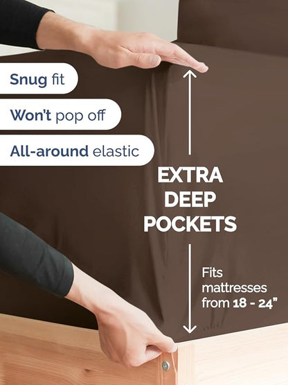 Extra Deep Pocket Queen Sheet Set - 4 Piece Breathable & Cooling Bed Sheets - Hotel Luxury Sheet Set - Ultra Soft, Wrinkle Free & Comfy - Easily Fits Extra Deep Mattresses - Deep Pocket Brown Sheets