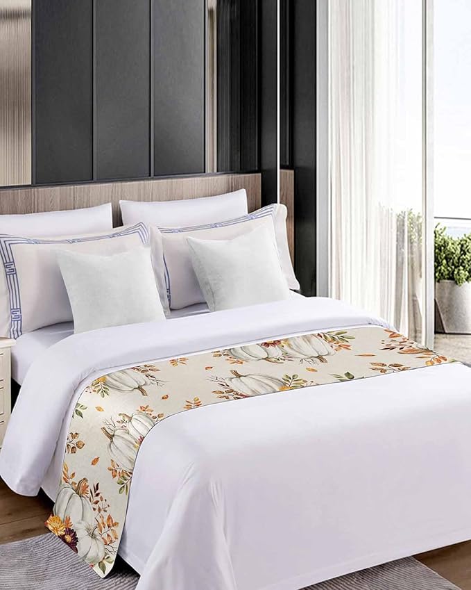 Thanksgiving Pumpkin Fall Maple Leaf Watercolor Bed Runners for Bedroom Hotel,Decorative Bedding Scarf Retro Linen Bed End Blanket Bedding Runner Scarves for California King Size Beds,102x20in