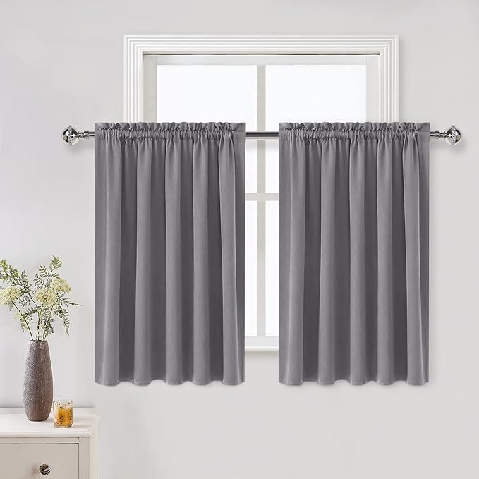 DWCN Grey Blackout Curtains for Half Window, Thermal Insulated Energy Saving Room Darkening Curtains for Kitchen/Bedroom (W60 x L36 inch, Set of 2 Panels, Top of Rod Pocket)