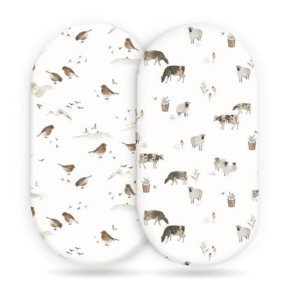 GRSSDER Stretchy Ultra Soft Bassinet Mattress Sheets 2 Pack, Universal Fitted for Baby Cradle Moses Basket Oval Rectangle Standard Pad Safe and Snug, Cute Animal Print Bassinet Sheet for Boys
