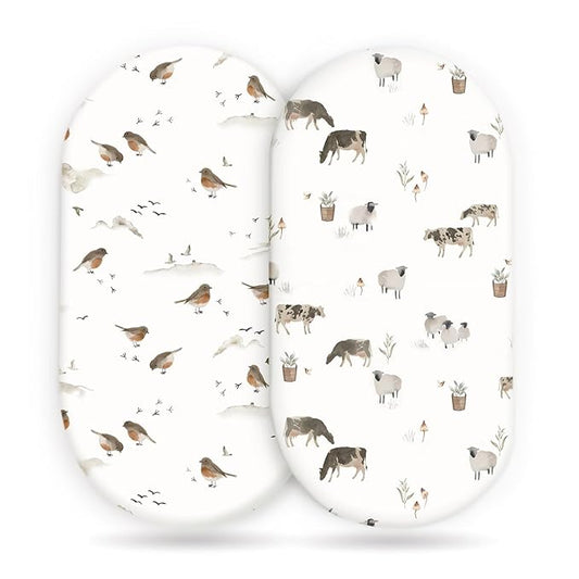 GRSSDER Stretchy Ultra Soft Bassinet Mattress Sheets 2 Pack, Universal Fitted for Baby Cradle Moses Basket Oval Rectangle Standard Pad Safe and Snug, Cute Animal Print Bassinet Sheet for Boys