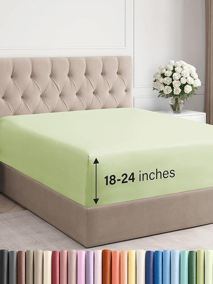 Extra Deep Cal King Fitted Sheet - Hotel Luxury Single Fitted Sheet Only - Easily Fits 18 to 24 inch Mattress - Ultra Soft, Wrinkle Free w/Extra Deep Pockets - Breathable & Comfy - Light Sage Green