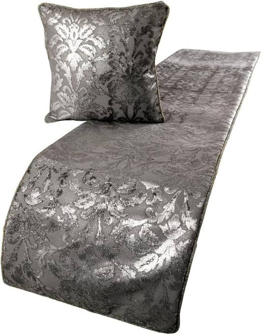 The HomeCentric Silver Bed Runner, King Size 90"x18" Decorative Bed Runner with 2 Matching Pillow Cover, Silver & Grey Velvet Bed Scarf in Foil Velvet Bead Border - Silver Glitterati