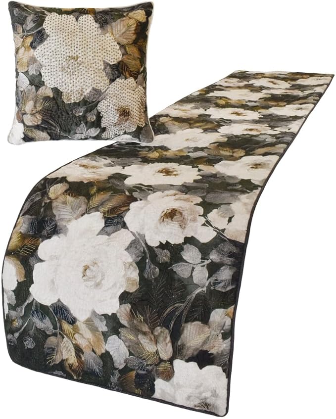 The HomeCentric King/Queen/Twin Gray & Brown Designer King 90"x18" Bed Runner Without Pillow Cover, Rose, Floral & Bead Embroidery Bed Scarf on Cotton Fabric - Rada