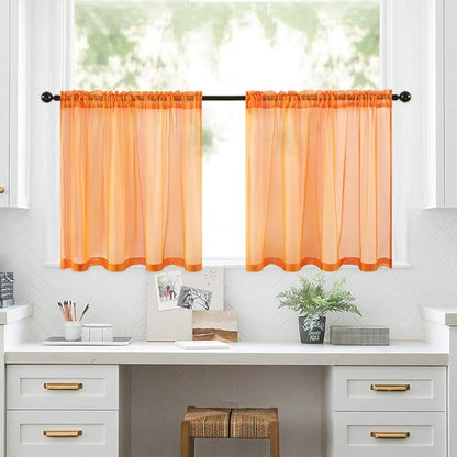 MIULEE Short Sheer Curtains 30 Inch Length for Kitchen Bathroom Cafe Half Window Treatment, Rod Pocket Tier Fall Curtains 2 Panels, 29x30 Inches Long, Orange