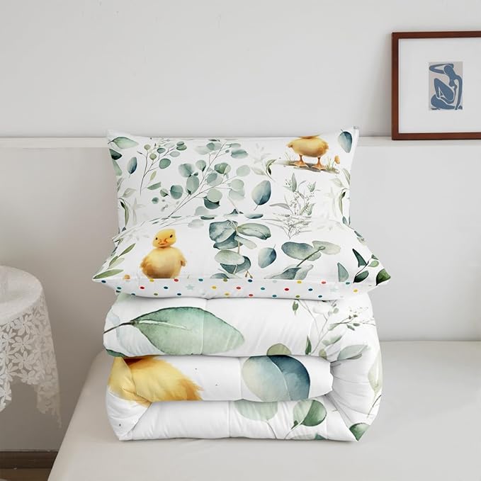 Erosebridal Kids Cute Animal Twin Bedding Sets for Girls Boys Cartoon Duck Comforter Set, Spring Eucalyptus Bedding Comforter Sets Watercolor Leaves Duvet Insert, Kawaii Farm Animal Down Comforter