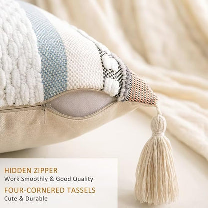 Boho Throw Pillow Covers 18x18 Set of 2 Woven Tufted Farmhouse Pillows Cover with Tassels Textured Striped Cushion Case Neutral Pillow Cases Decorative Pillowcase for Couch,Orange Blue