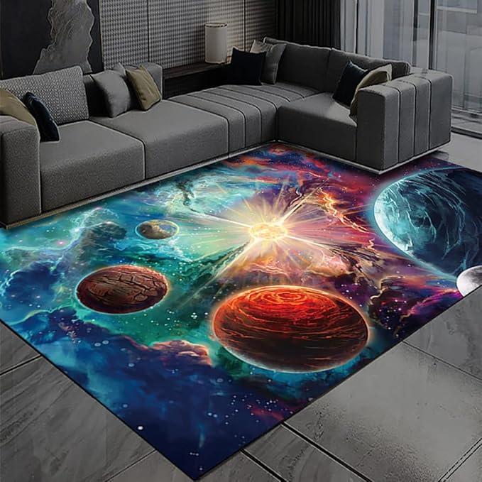 Large Washable Rugs for Boys Room Outer Space Planet Print Floor Carpets for Living Dinning Room Bedroom Modern Non Skid Starry Sky Mats Pads
