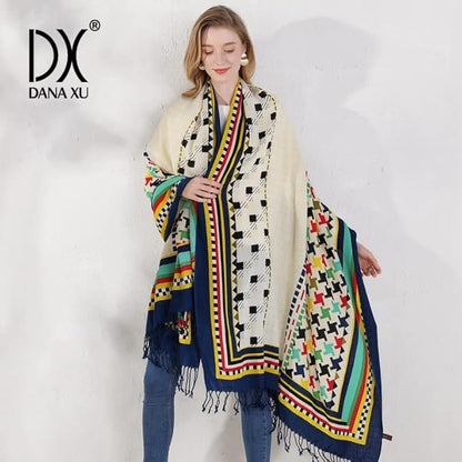 DANA XU 100% Merino Wool Pashmina Shawl for Women 96"x43", Oversized Cashmere Wrap with Tassels, Floral Travel Blanket Cape