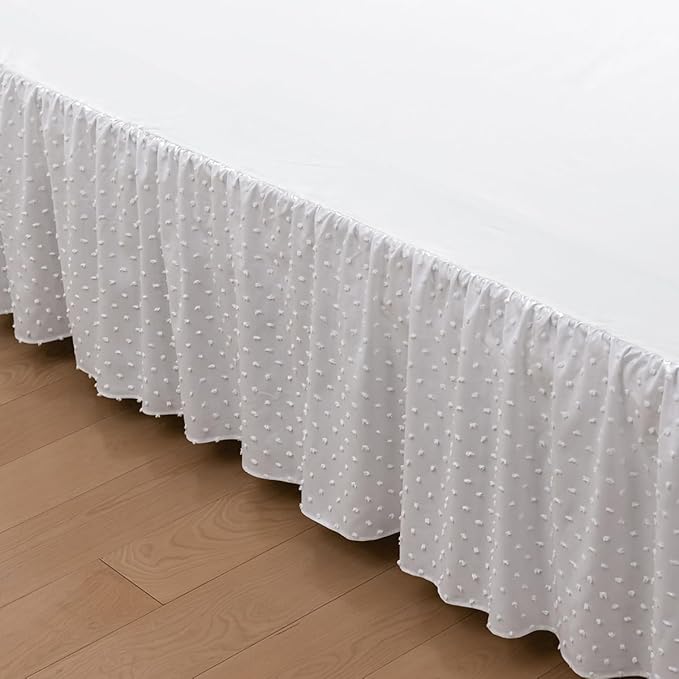 Tufted Dot Bed Skirt Full Size Ruffled Bed Skirt with Split Corners, 16 Inch Drop Dust Ruffle Bed Skirts with Platform, White