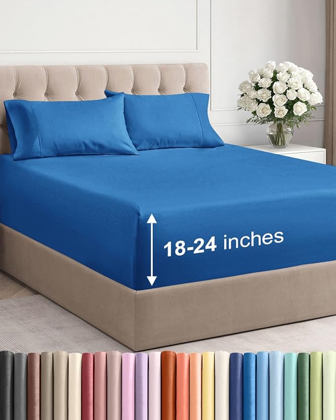 Extra Deep Pocket Full Sheets - 4 Piece Breathable & Cooling Bed Sheets - Hotel Luxury Bed Sheet Set - Soft, Wrinkle Free & Comfy - Easily Fits Extra Deep Mattresses - Deep Pocket Royal Blue Sheets