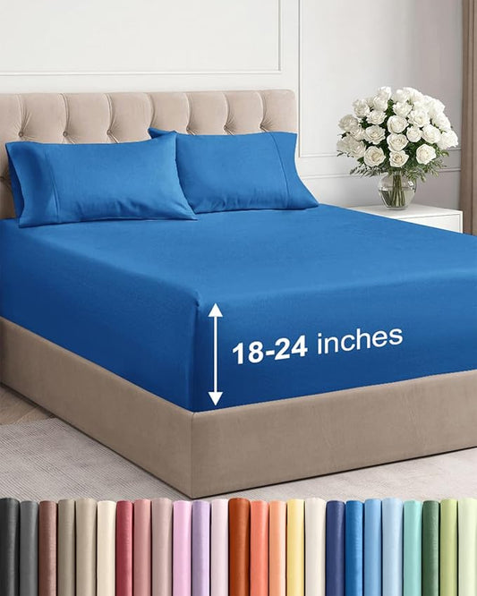 Extra Deep Pocket Queen Sheet Set - 4 Piece Breathable & Cooling Bed Sheets - Hotel Luxury Sheet Set - Soft, Wrinkle Free & Comfy - Easily Fits Extra Deep Mattresses - Deep Pocket Royal Blue Sheets