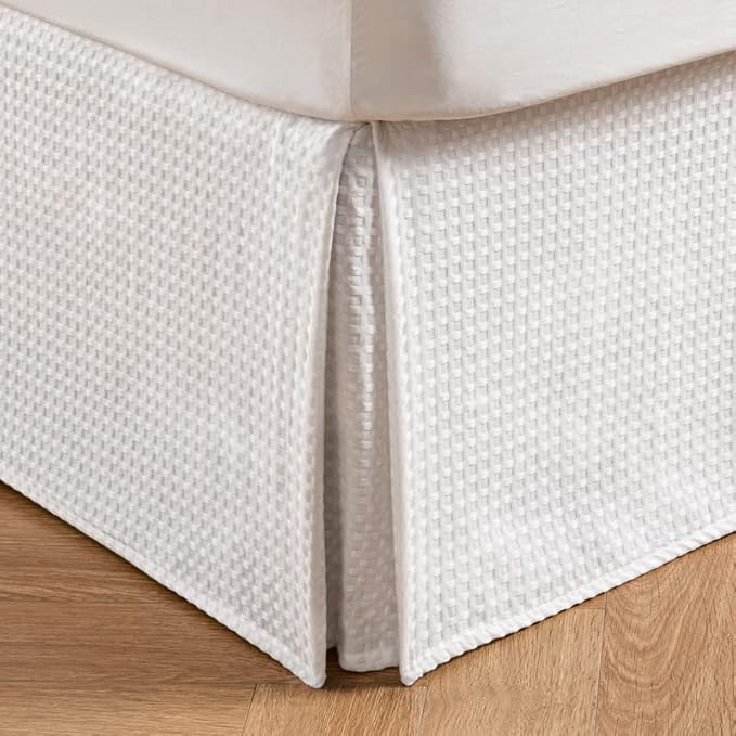 MIYE Pleated Waffle Weave Bed Skirt, Tailored Dust Ruffle 18 Inch Drop Easy Fit, Machine Washable, No Split Corners (White, Queen - 18" Drop)