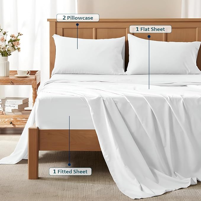 Full Size Bed Sheets Set - Luxury 338 Thread Count 100% Egyptian Cotton Sateen, Cooling Sheets, Deep Pockets with All Around Elastic for a, Hotel Quality Bedding Set (White Solid)
