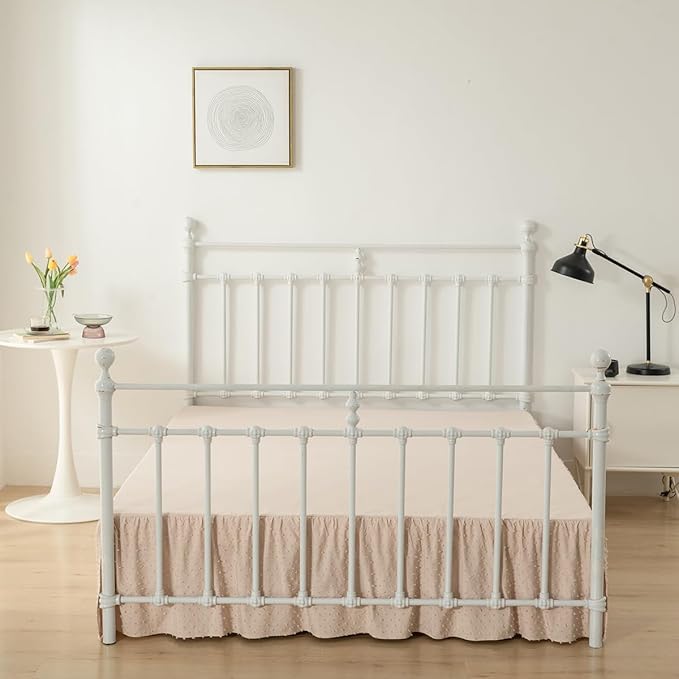 Tufted Dot Bed Skirt King Size,Ruffled Bed Skirt with Split Corners, King Bed Skirt 14 Inch Drop, Boho King Size Bed Skirt Beige for Ruffled Bed Skirt with Split Corners, Bed Skirt King Size