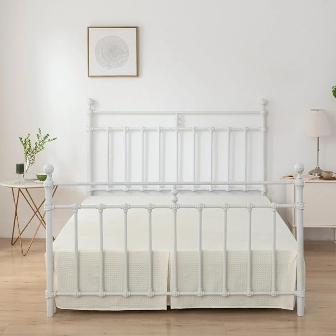 Bed Skirt King Size, Pleated Waffle Weave Bed Skirt with Split Corners, Ivory Tailored Dust Ruffle 12 Inch Drop Easy Fit, Machine Washable (12" King)