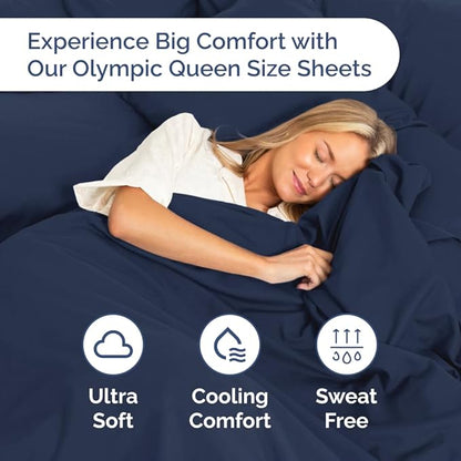 Olympic Queen Sheet Set 66x80 - 4 Piece RV Olympic Queen Size Sheets - Soft, Breathable & Cooling - Fits 14” to 16" Mattress w/ Deep Pockets - Comfy Luxury Bedding - Fade & Wrinkle Free - Navy Blue