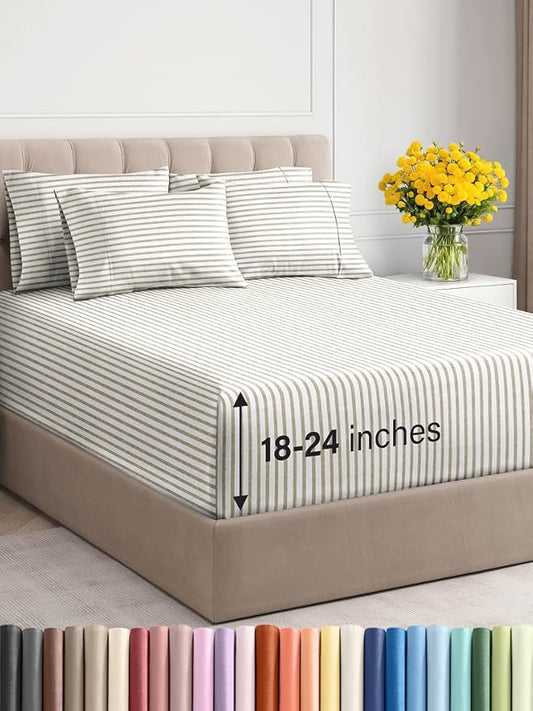 Extra Deep Queen Sheet Set - 6 Piece Breathable and Cooling Sheets - Hotel Luxury Bed Sheets Set - Easy Fit - Soft, Wrinkle Free and Comfy Sheets Set - Beige Striped Sheet Set with Extra Deep Pockets