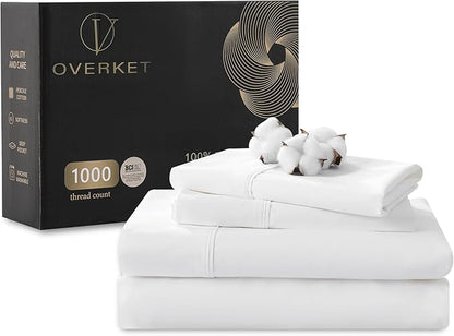 1000 Thread Count Egyptian Cotton Sheets Queen Size Set Sateen Weave Soft Breathable 16-Inch Deep Pocket 4PCS（Queen,White）