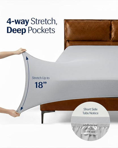 REST® Evercool®+ Cooling Sheet Set, Queen Size, Light Gray, Breathable Bed Sheets for Hot Sleeper and Night Sweats, with Pillowcases, with Ionic+ Self-Cleaning Silver Yarn for Sensitive Skin, 4PCS