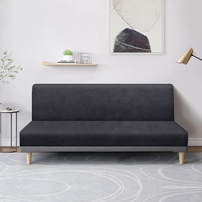 molasofa Leather Like Stretch Futon Slipcover Armless Futon Bed Sofa Cover Furniture Protector with Elastic Bottom, Soft and Washable Futon Cover for Sofa Bed Stay in Place（Medium，Dark Grey）