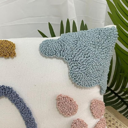 Boho Abstract Tufted Lumbar Pillow Cover 12x 20, Rain Cloud Cottagecore Decor Linen Pillow Cushion Case, Neutral Accent Modern Farmhouse Home Decor Blue Pink