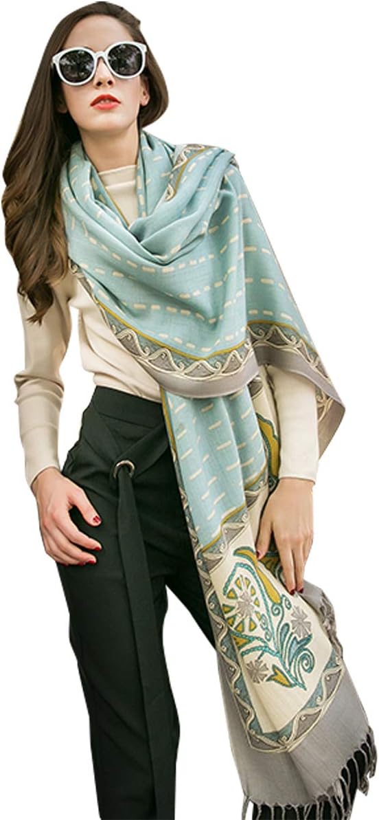 DANA XU 100% Merino Wool Pashmina Shawl for Women 96"x43", Oversized Cashmere Wrap with Tassels, Floral Travel Blanket Cape