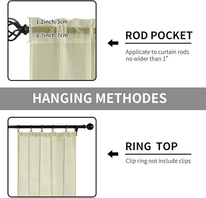Sheer Curtains 54 Inches Long 2 Panels, Rod Pocket Short Curtain for Kitchen, Bedroom, Cafe Window(Sage Green 38" W x 54" L)