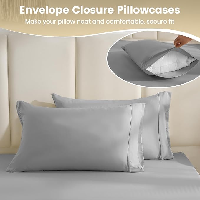 Twin XL Sheet Set - 3 Piece Silky Soft Breathable Bed Sheet & Pillowcase Set, 16" Deep Pocket Hotel Luxury Wrinkle Free Easy Care Bedding Sheets, Light Grey