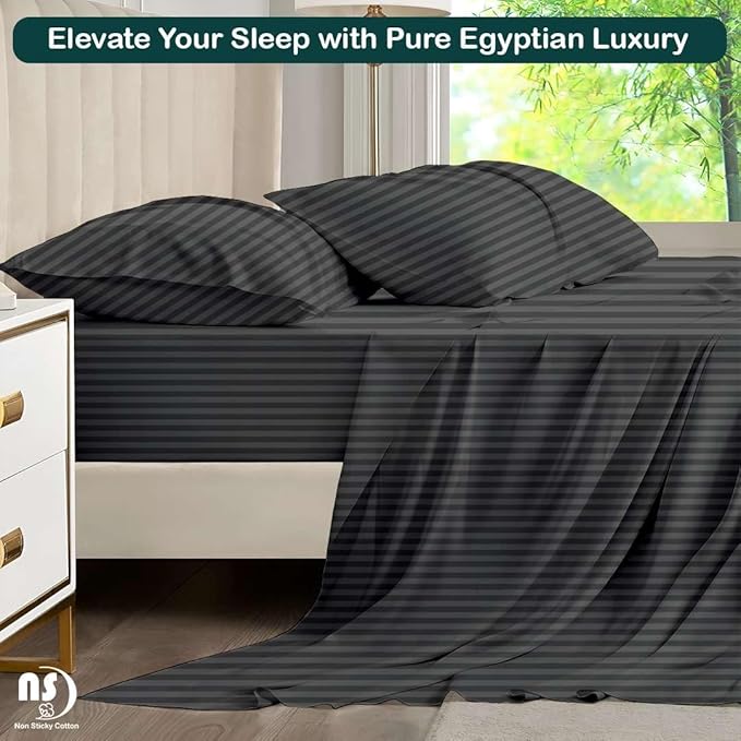 NON Sticky cotton Twin Size Sleeper Sofa Sheets, 4 Piece Egyptian Cotton Bed Sheet Set for Sofa Bed, 7" Deep Pocket for Pull Out Couch Mattress, 39" x 75", Dark Grey Stripe, Soft & Breathable
